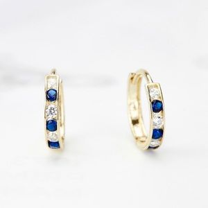 14K Yellow Gold Genuine Sapphire Channel Set Diamond Huggie Hoop Earrings